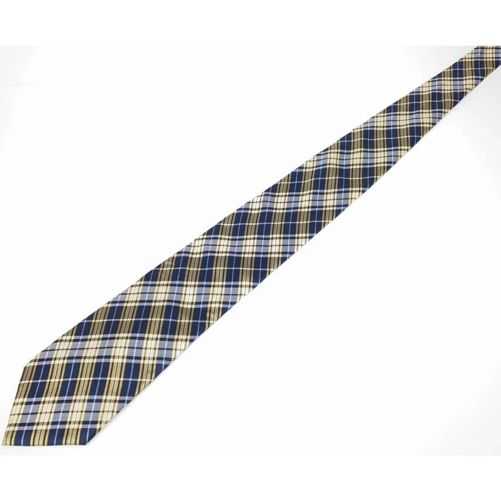 CHAPS Tie Navy & Light Blue Yellow Plaid Striped 100% Silk Hand Made Necktie 58